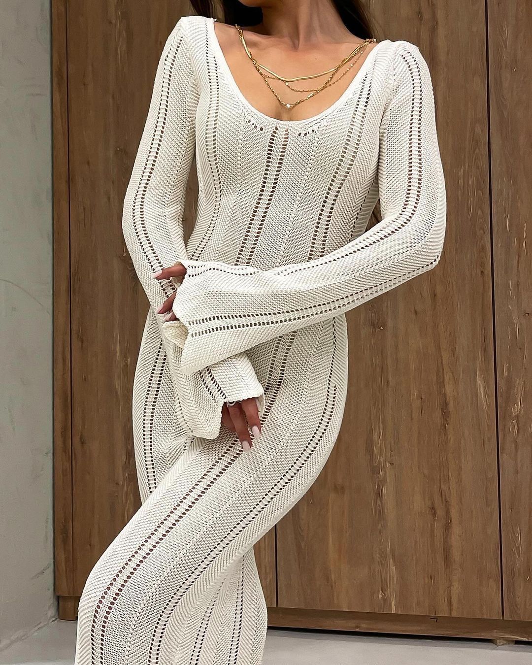 Women's Fashion Elegant V-Neck Knitted Dress With Flared Sleeves, Thin Hollow Out Bodycon Maxi Dress