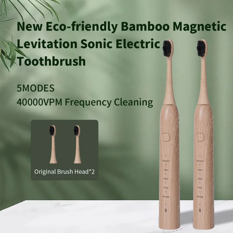Sonic Electric Toothbrush Eco-friendly Bamboo Smart 5 Mode USB Fast Charge IPX7 Waterproof Soft Home Teeth Whitening Gift Set
