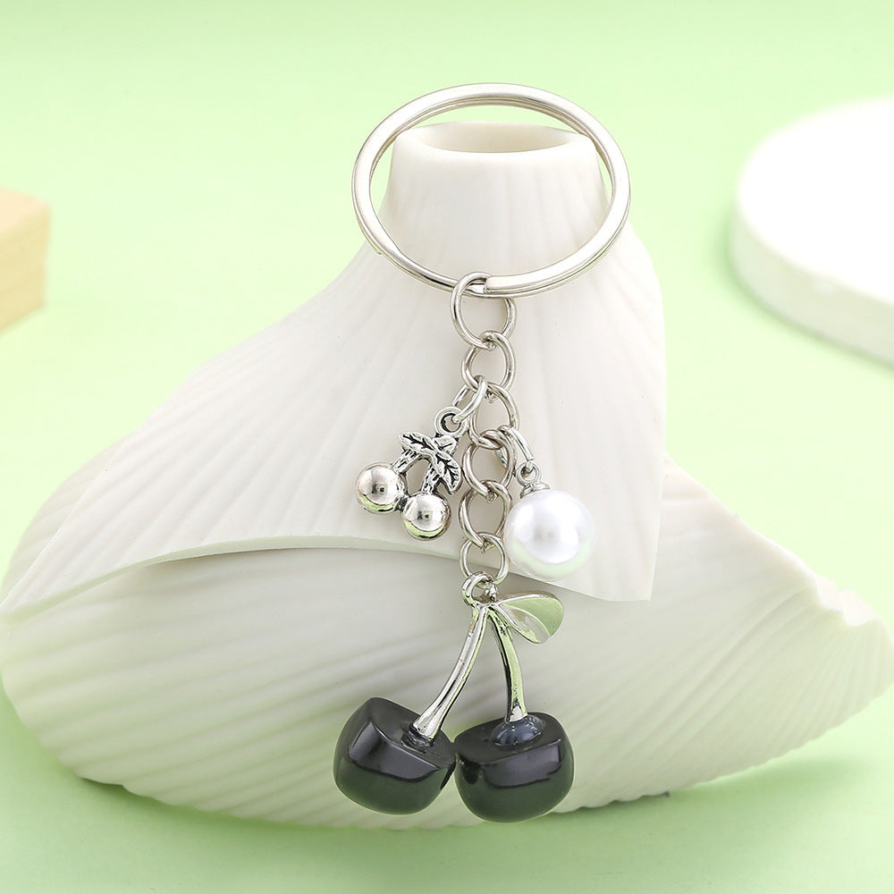 White K Key Chain Pearl Transparent Resin Black Cherry Keychain