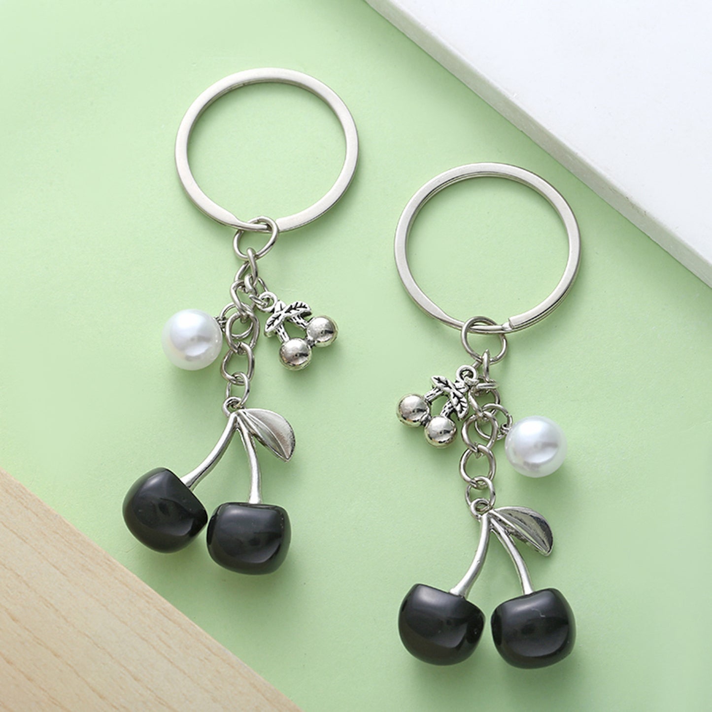 White K Key Chain Pearl Transparent Resin Black Cherry Keychain