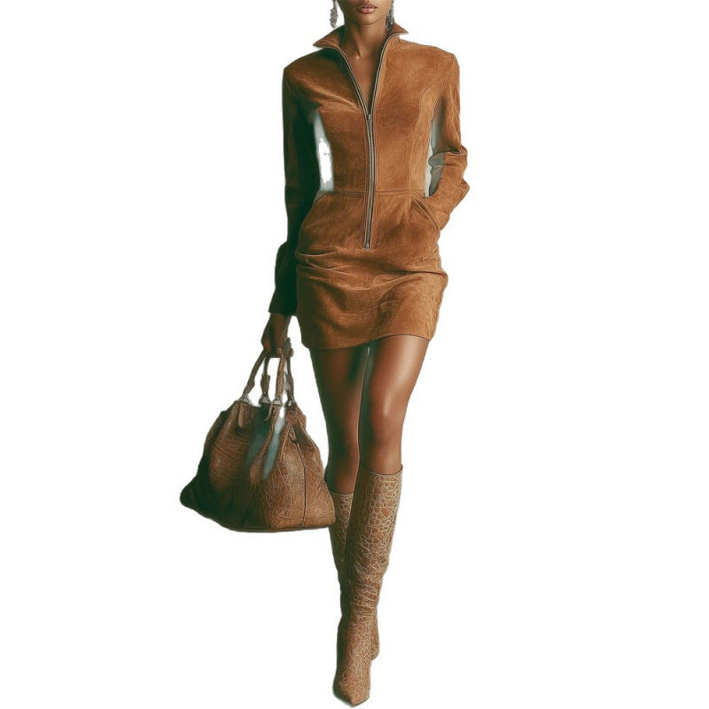 Deerskin Velvet French Long-sleeve Zipper Dress Short Skirt