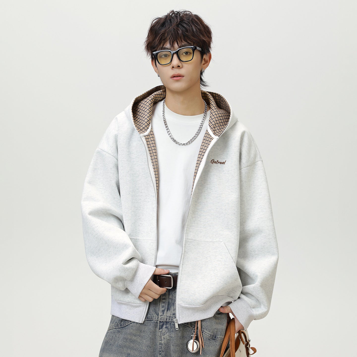 Houndstooth Contrast Color Inner Hooded Sweater Men's Autumn