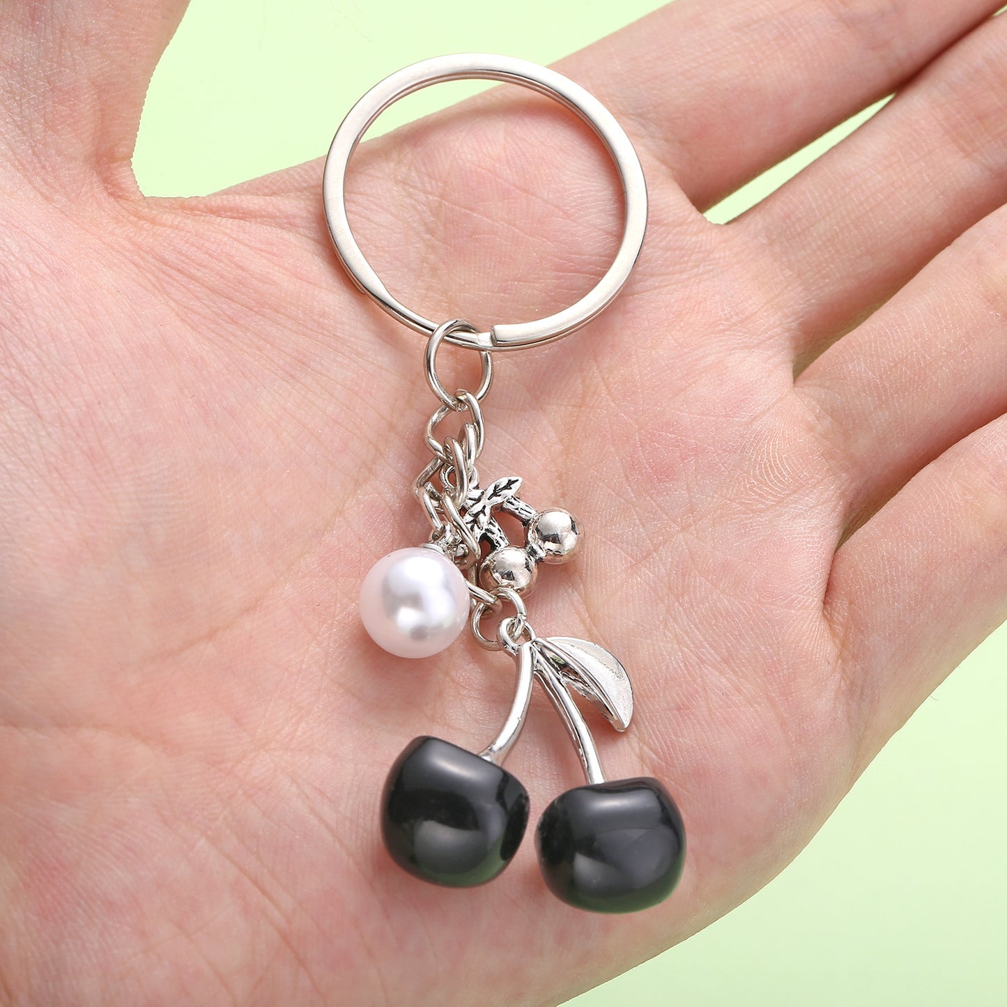 White K Key Chain Pearl Transparent Resin Black Cherry Keychain