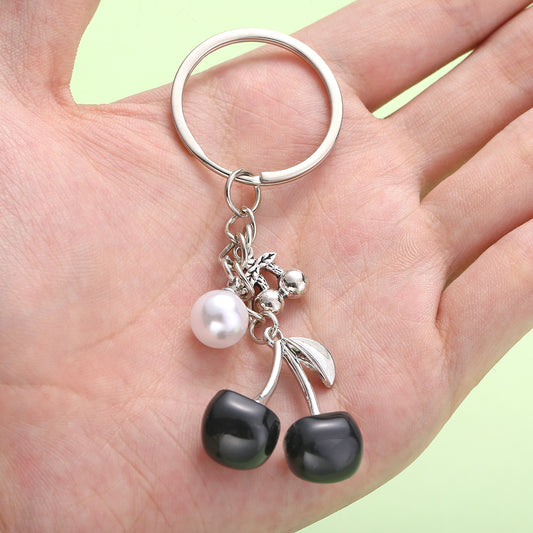 White K Key Chain Pearl Transparent Resin Black Cherry Keychain