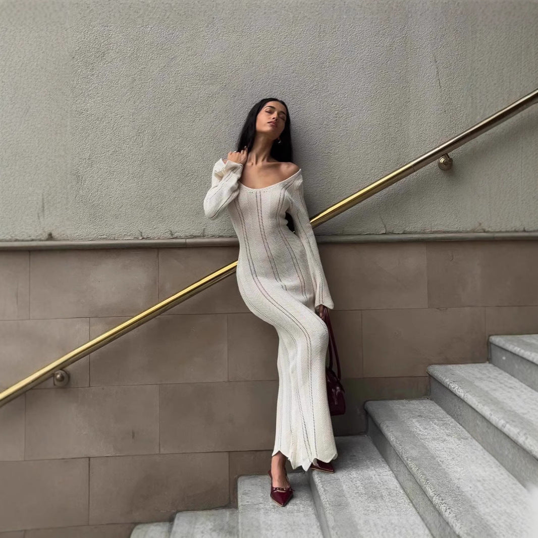 Women's Fashion Elegant V-Neck Knitted Dress With Flared Sleeves, Thin Hollow Out Bodycon Maxi Dress