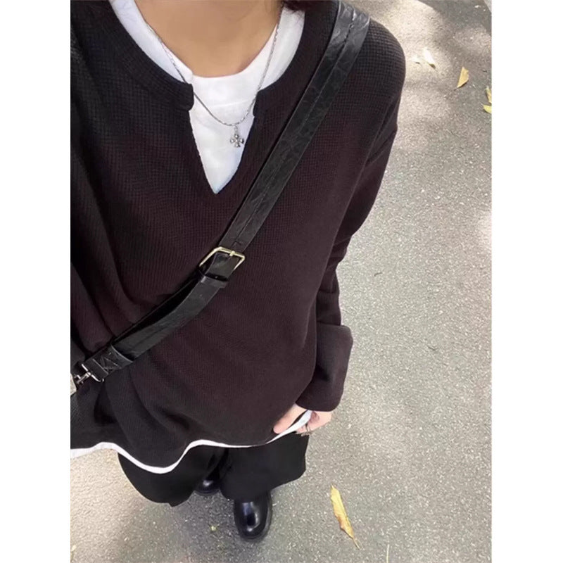 Men's Retro Capless Round Neck False Two-piece Sweaters