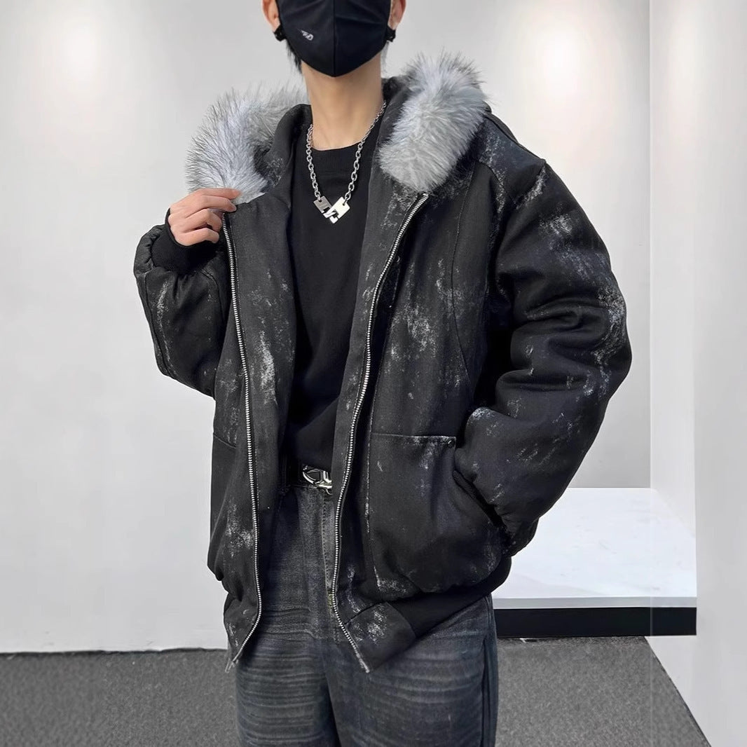 Hooded Large Fur Collar Cotton-padded Coat For Men Thick Warm Jacket