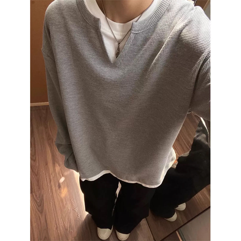 Men's Retro Capless Round Neck False Two-piece Sweaters