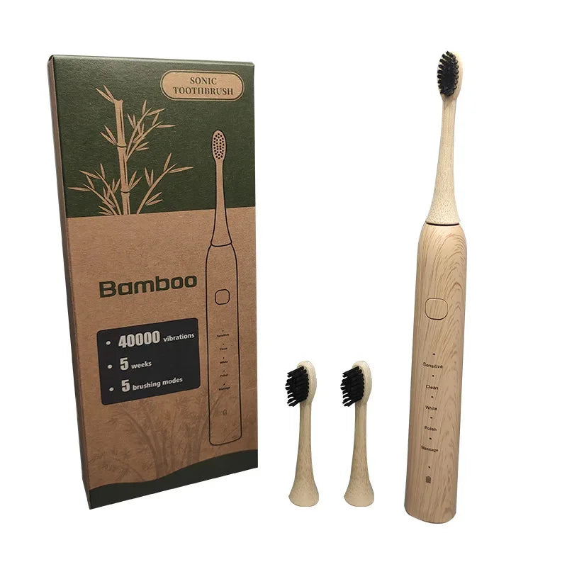 Sonic Electric Toothbrush Eco-friendly Bamboo Smart 5 Mode USB Fast Charge IPX7 Waterproof Soft Home Teeth Whitening Gift Set