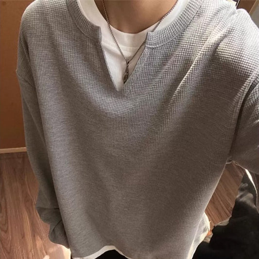 Men's Retro Capless Round Neck False Two-piece Sweaters