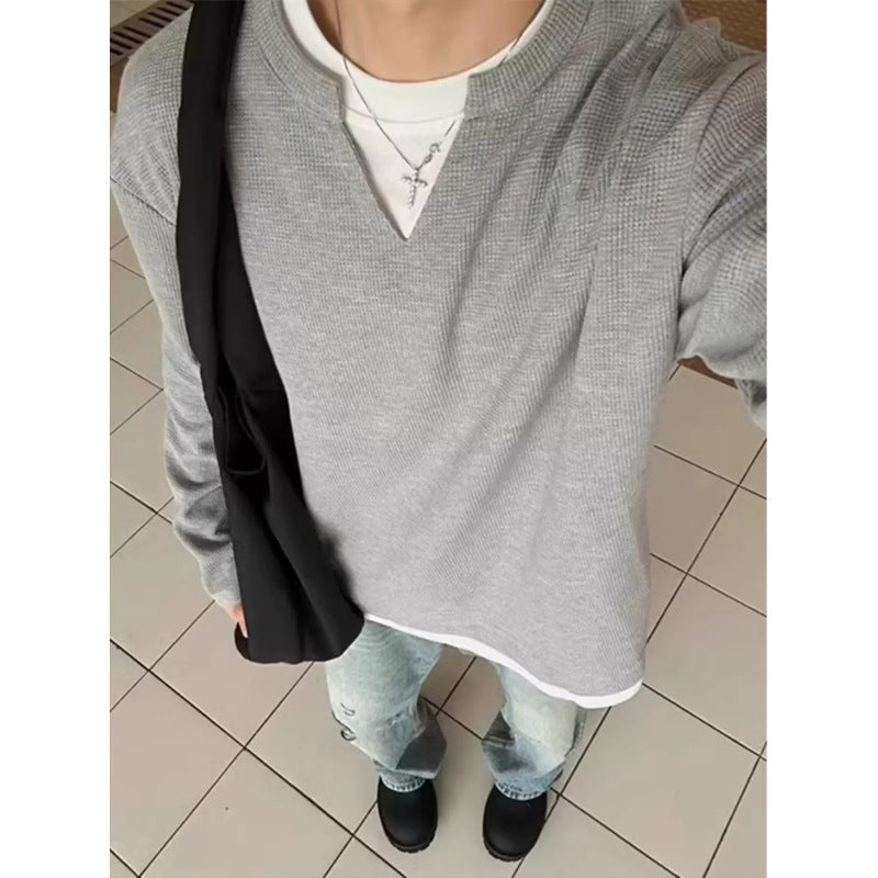 Men's Retro Capless Round Neck False Two-piece Sweaters