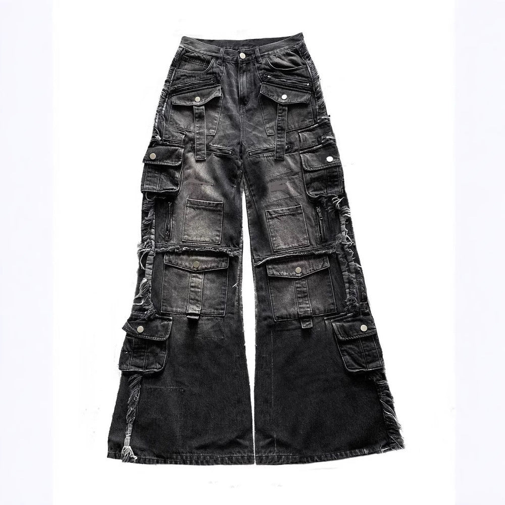 Multi-pocket Black Jeans Loose Drag