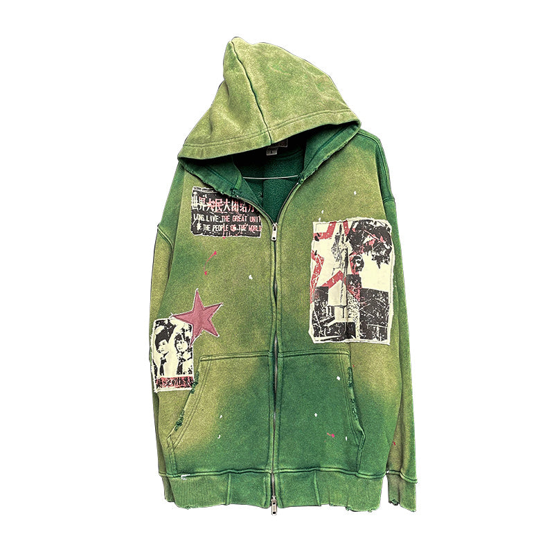 Niche Affixed Cloth Embroidered Handmade Unique Washed Old Hooded Sweater Cardigan