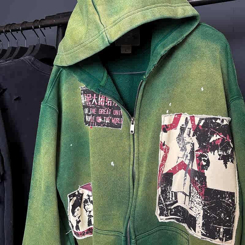 Niche Affixed Cloth Embroidered Handmade Unique Washed Old Hooded Sweater Cardigan