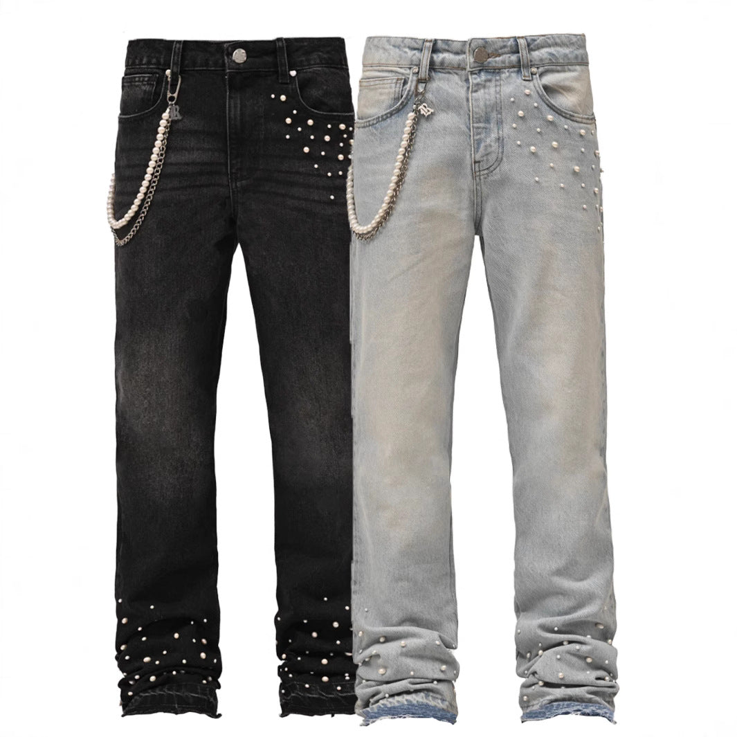 Men's Street Fashion Elastic Diamond Denim Straight-leg Pants