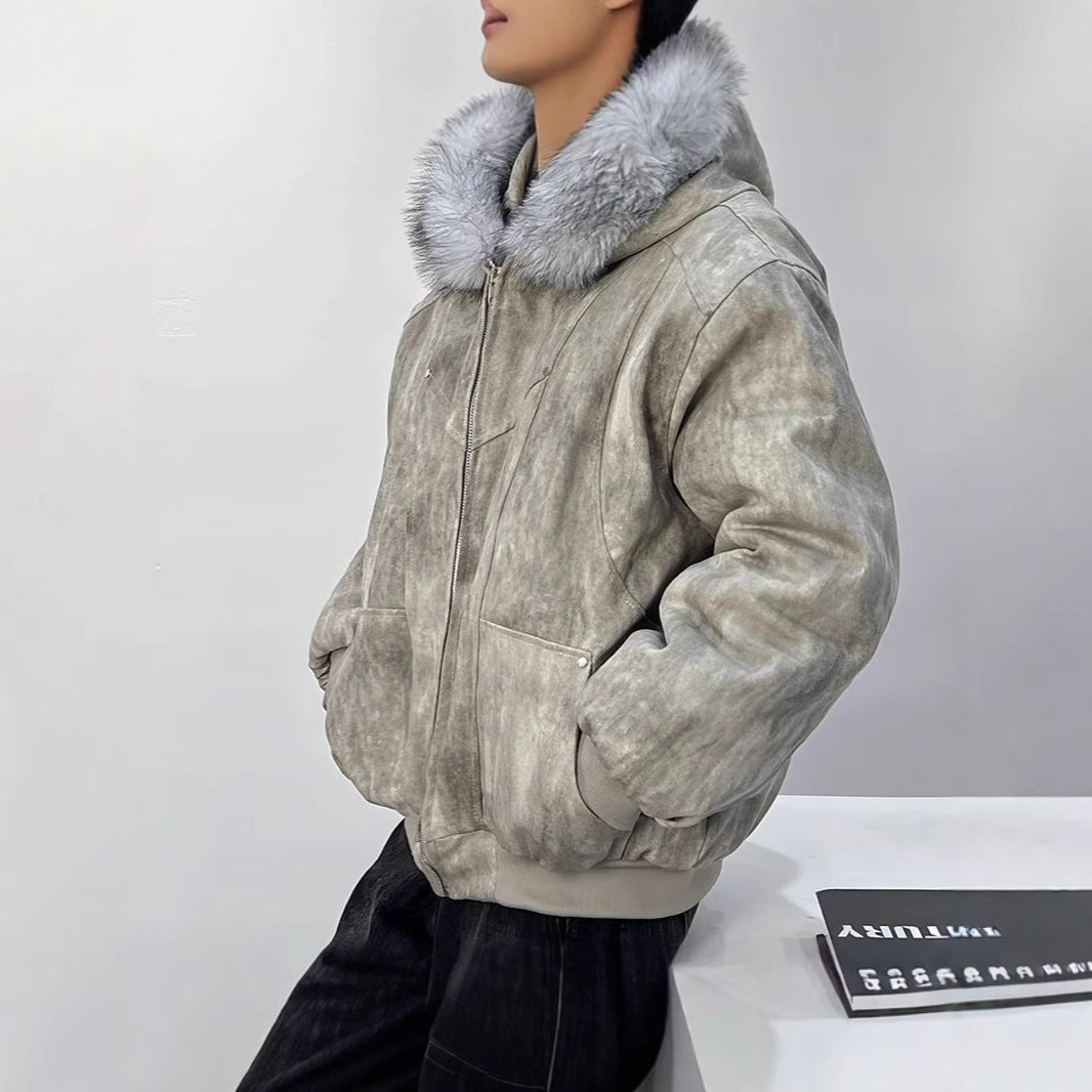 Hooded Large Fur Collar Cotton-padded Coat For Men Thick Warm Jacket
