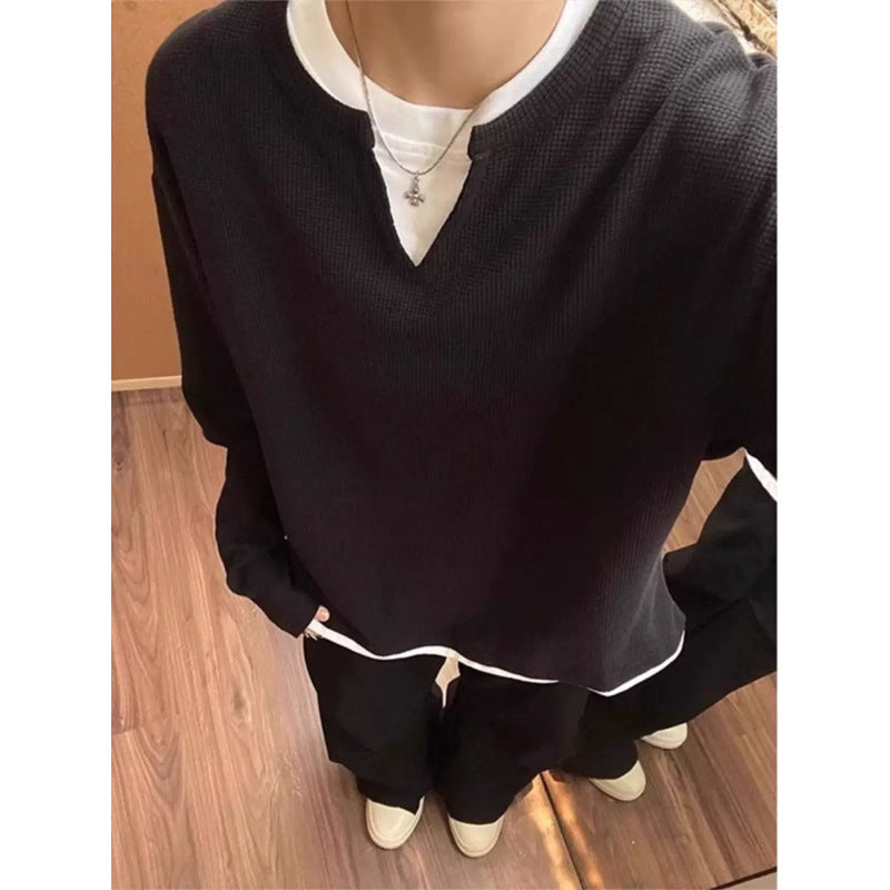 Men's Retro Capless Round Neck False Two-piece Sweaters