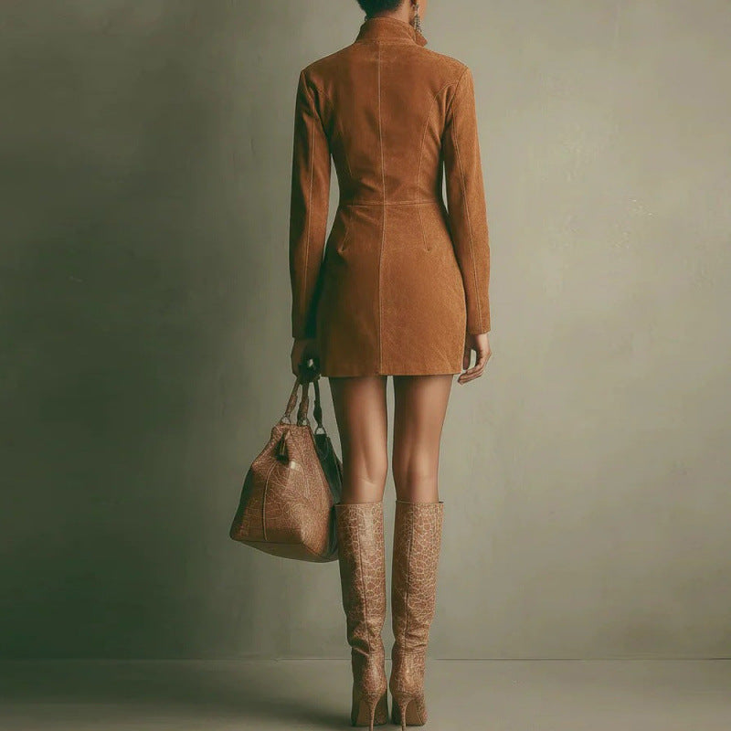 Deerskin Velvet French Long-sleeve Zipper Dress Short Skirt