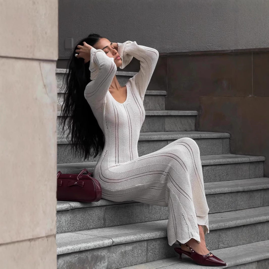 Women's Fashion Elegant V-Neck Knitted Dress With Flared Sleeves, Thin Hollow Out Bodycon Maxi Dress