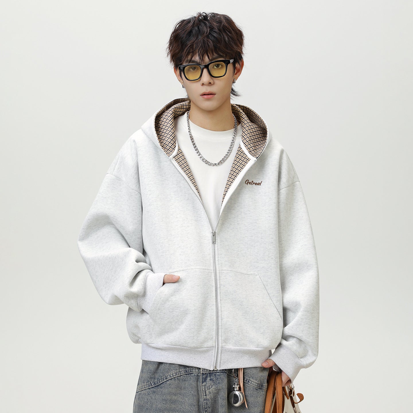 Houndstooth Contrast Color Inner Hooded Sweater Men's Autumn