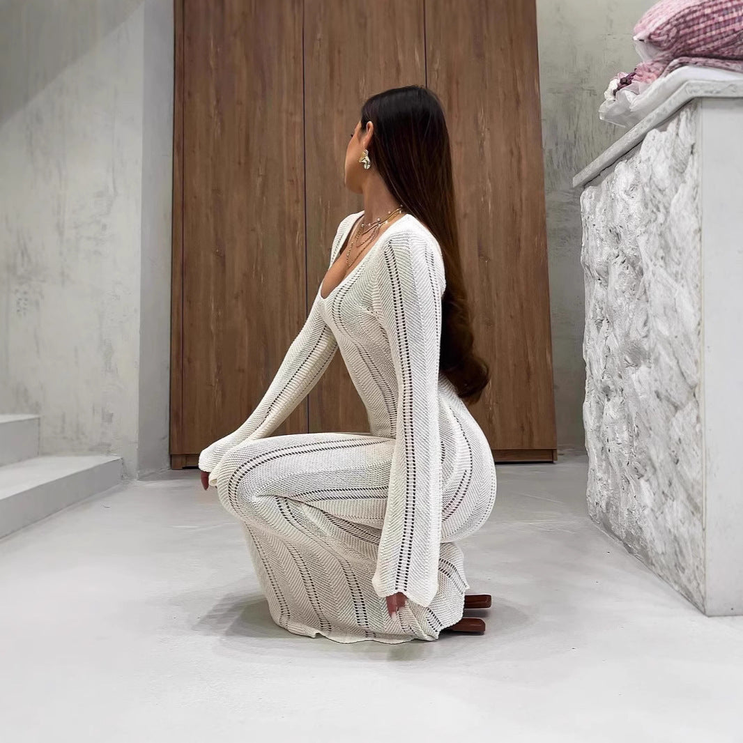 Women's Fashion Elegant V-Neck Knitted Dress With Flared Sleeves, Thin Hollow Out Bodycon Maxi Dress