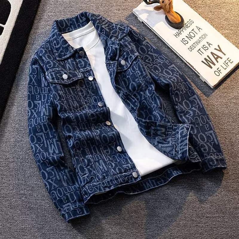 American Retro Heavy Printed Presbyopic Letter Denim Jacket