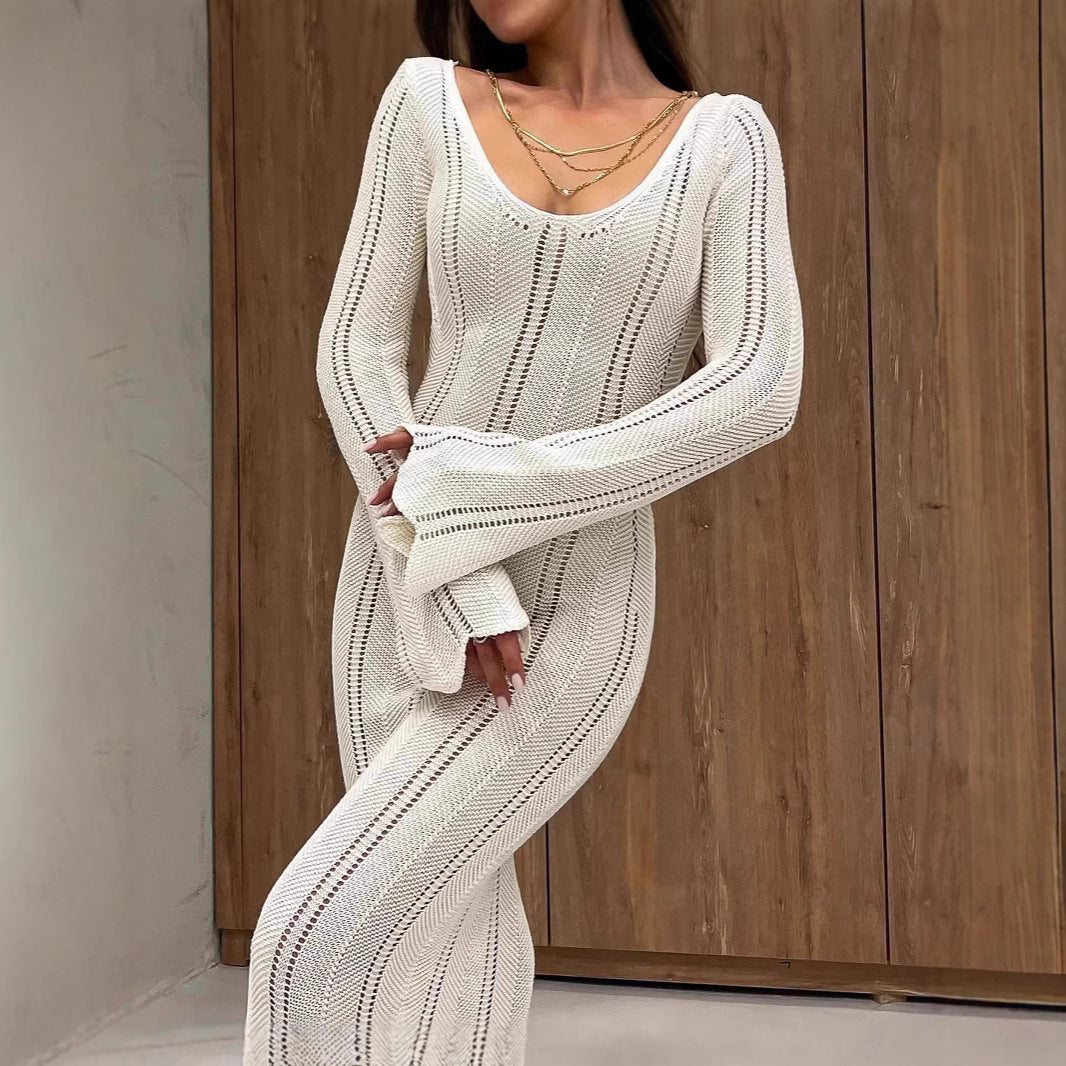 Women's Fashion Elegant V-Neck Knitted Dress With Flared Sleeves, Thin Hollow Out Bodycon Maxi Dress