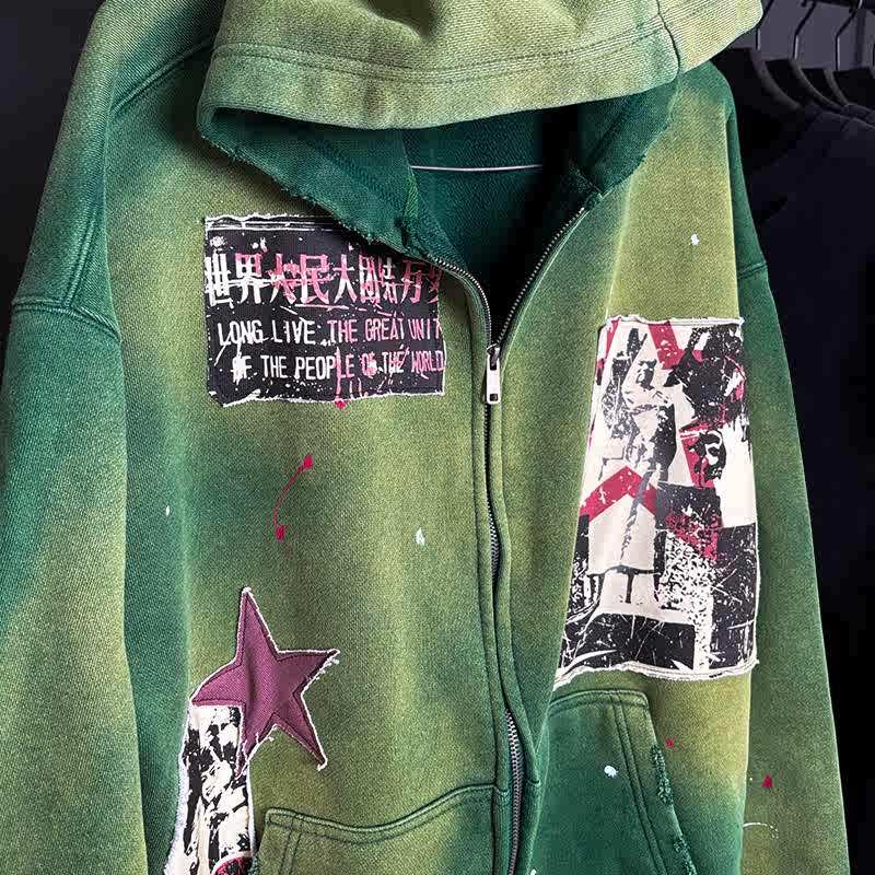 Niche Affixed Cloth Embroidered Handmade Unique Washed Old Hooded Sweater Cardigan